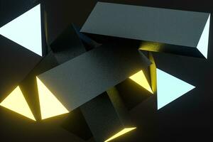 3d rendering, yellow glowing triangle pillar with dark background, photo