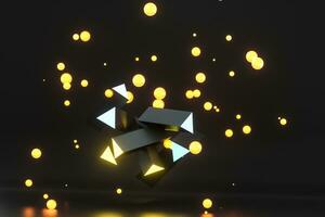 3d rendering, yellow glowing triangle pillar with dark background, photo