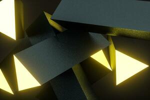 3d rendering, yellow glowing triangle pillar with dark background, photo