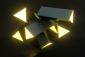 3d rendering, yellow glowing triangle pillar with dark background, photo