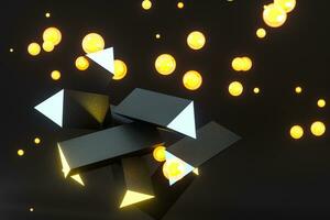 3d rendering, yellow glowing triangle pillar with dark background, photo