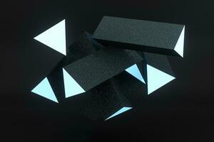 3d representación, azul brillante triángulo pilar con oscuro fondo, foto
