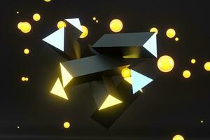 3d rendering, yellow glowing triangle pillar with dark background, photo