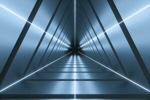 3d rendering, triangle tunnel with glowing lines background photo