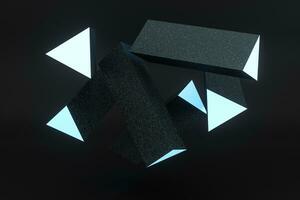 3d rendering, blue glowing triangle pillar with dark background, photo