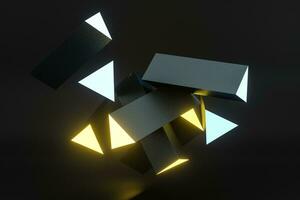 3d rendering, yellow glowing triangle pillar with dark background, photo