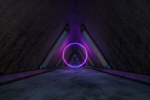 Fantasy concrete tunnel building with glowing neon light. 3d rendering. photo