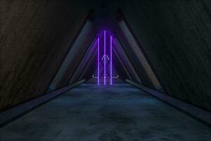 Fantasy concrete tunnel building with glowing neon light. 3d rendering. photo