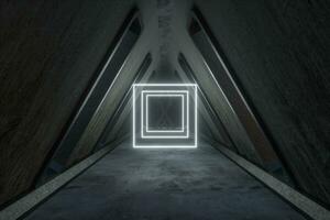 Fantasy concrete tunnel building with glowing neon light. 3d rendering. photo