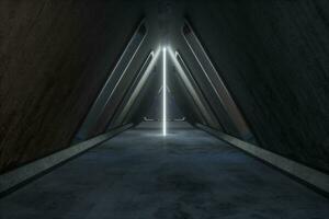 Fantasy concrete tunnel building with glowing neon light. 3d rendering. photo