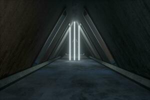 Fantasy concrete tunnel building with glowing neon light. 3d rendering. photo