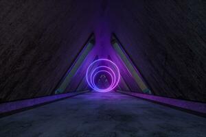 Fantasy concrete tunnel building with glowing neon light. 3d rendering. photo