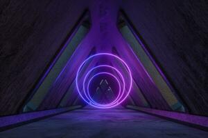 fantasía hormigón túnel edificio con brillante neón ligero. 3d representación. foto