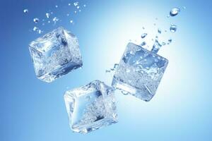 Ice cubes with water splash on blue background, closeup. photo