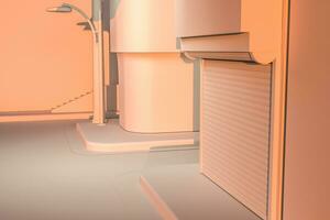The street corner of a city, with a vending machine by the road at sunset, 3d rendering. photo