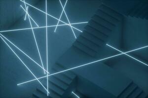 The stairway in the dark basement with glowing lines, 3d rendering. photo