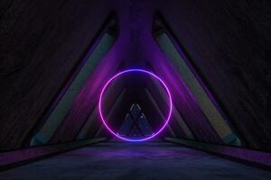 Fantasy concrete tunnel building with glowing neon light. 3d rendering. photo