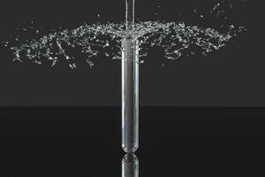 Chemical test tube and splashing water in the lab, 3d rendering. photo