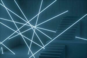 The stairway in the dark basement with glowing lines, 3d rendering. photo