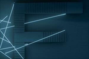 The stairway in the dark basement with glowing lines, 3d rendering. photo