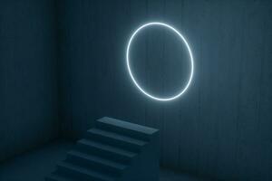 The stairway in the dark basement with glowing lines, 3d rendering. photo