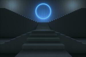 The stairway in the dark basement with glowing lines, 3d rendering. photo