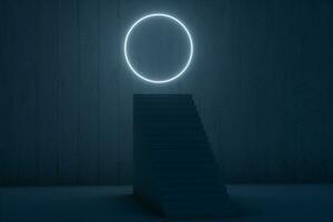 The stairway in the dark basement with glowing lines, 3d rendering. photo