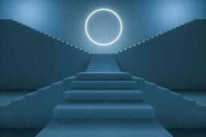 The stairway in the dark basement with glowing lines, 3d rendering. photo