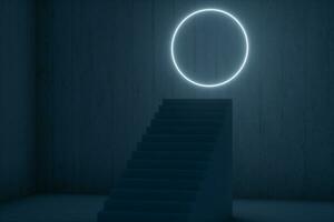 The stairway in the dark basement with glowing lines, 3d rendering. photo