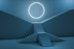 The stairway in the dark basement with glowing lines, 3d rendering. photo