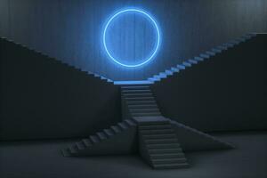 The stairway in the dark basement with glowing lines, 3d rendering. photo