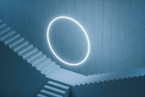 The stairway in the dark basement with glowing lines, 3d rendering. photo