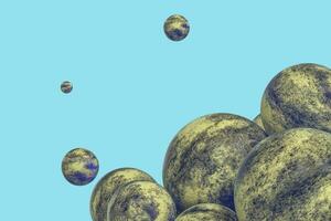 Spheres with the textured surface, random distributed, 3d rendering. photo