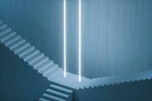 The stairway in the dark basement with glowing lines, 3d rendering. photo