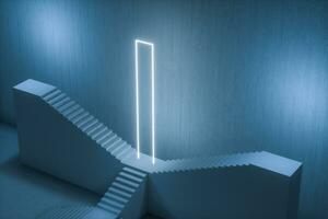 The stairway in the dark basement with glowing lines, 3d rendering. photo