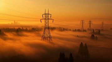 High voltage transmission tower foggy morning sunrise. Generative Ai photo