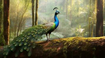 a peacock in front of a forest. Generative Ai photo