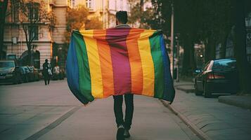 A person posing with LGBT flag covering his body on street. Rainbow gay flag. Generative Ai photo