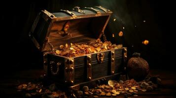 Old treasure chest full of gold. Generative Ai photo