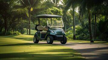 A Golf car, Golf car on the golf course. Generative Ai photo