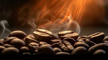 Arabica or Robusta coffee beans, Coffee beans with smoke. Generative Ai photo