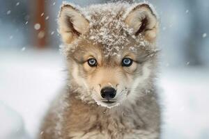 A Cute wolf baby  in winter snow. Generative AI. photo