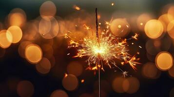 Happy New Year, Burning sparkler with bokeh light background. Generate Ai photo