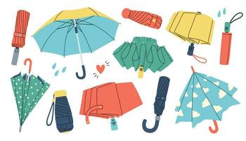 Open, closed and folded umbrellas set. Rain protection for rainy weather. Protecting accessories with handles of different design, type. Flat vector illustrations isolated on white background.