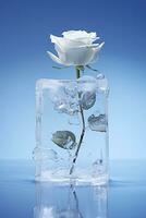 White rose frozen in ice cube on blue background with copy space. photo