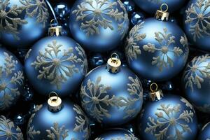 Blue christmas balls with snowflakes background. photo