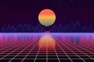 3d background Illustration Inspired by 80's Scene synthwave and retrowave. photo