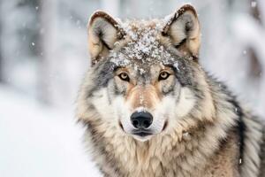 Adult wolf in winter snow. Generative AI. photo