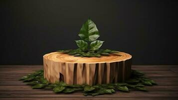 Advertising, Wood slice podium and green leaves. Generative Ai photo