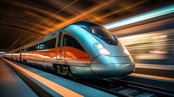 Super streamlined train with motion blur. Generative Ai photo